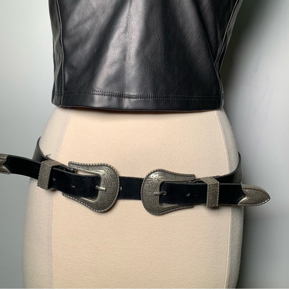 Zara Black Double Buckle Leather Belt size 90 western cowgirl boho festival